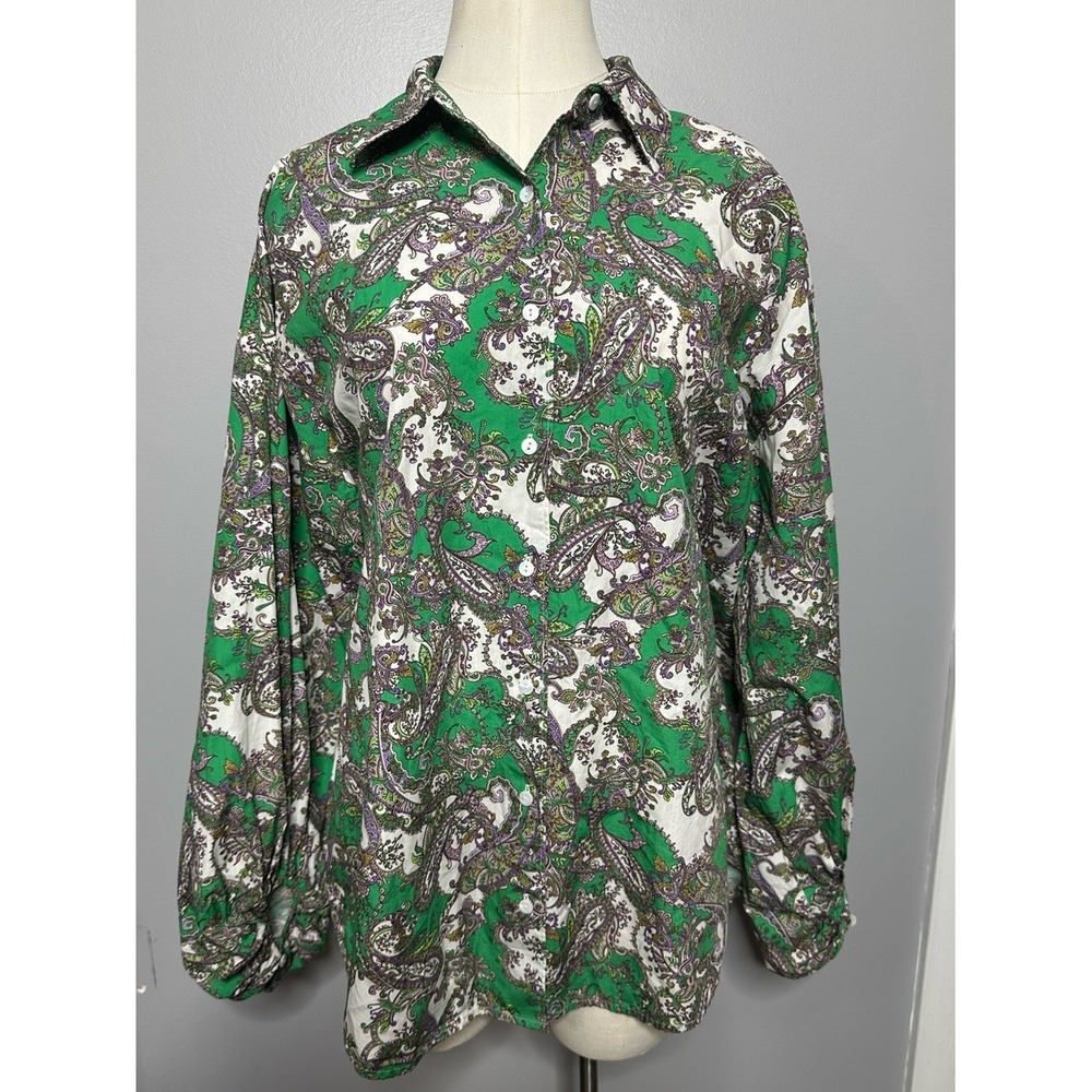 L'AGENCE Green White Paisley ButtonUp Shirt Balloon Sleeve Button Cuffs XS Tunic